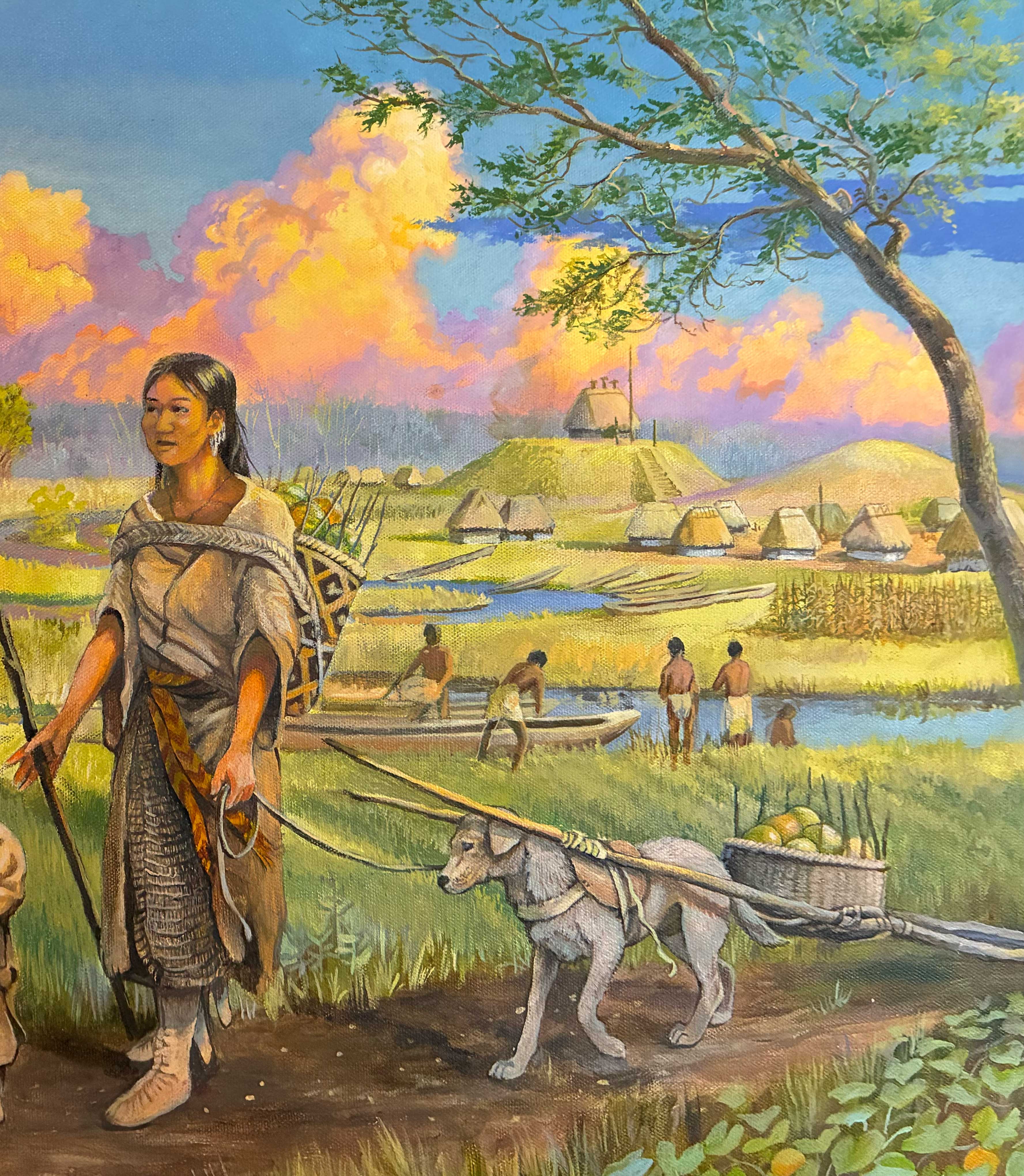 Mississippian town with mounds, fields and canoes