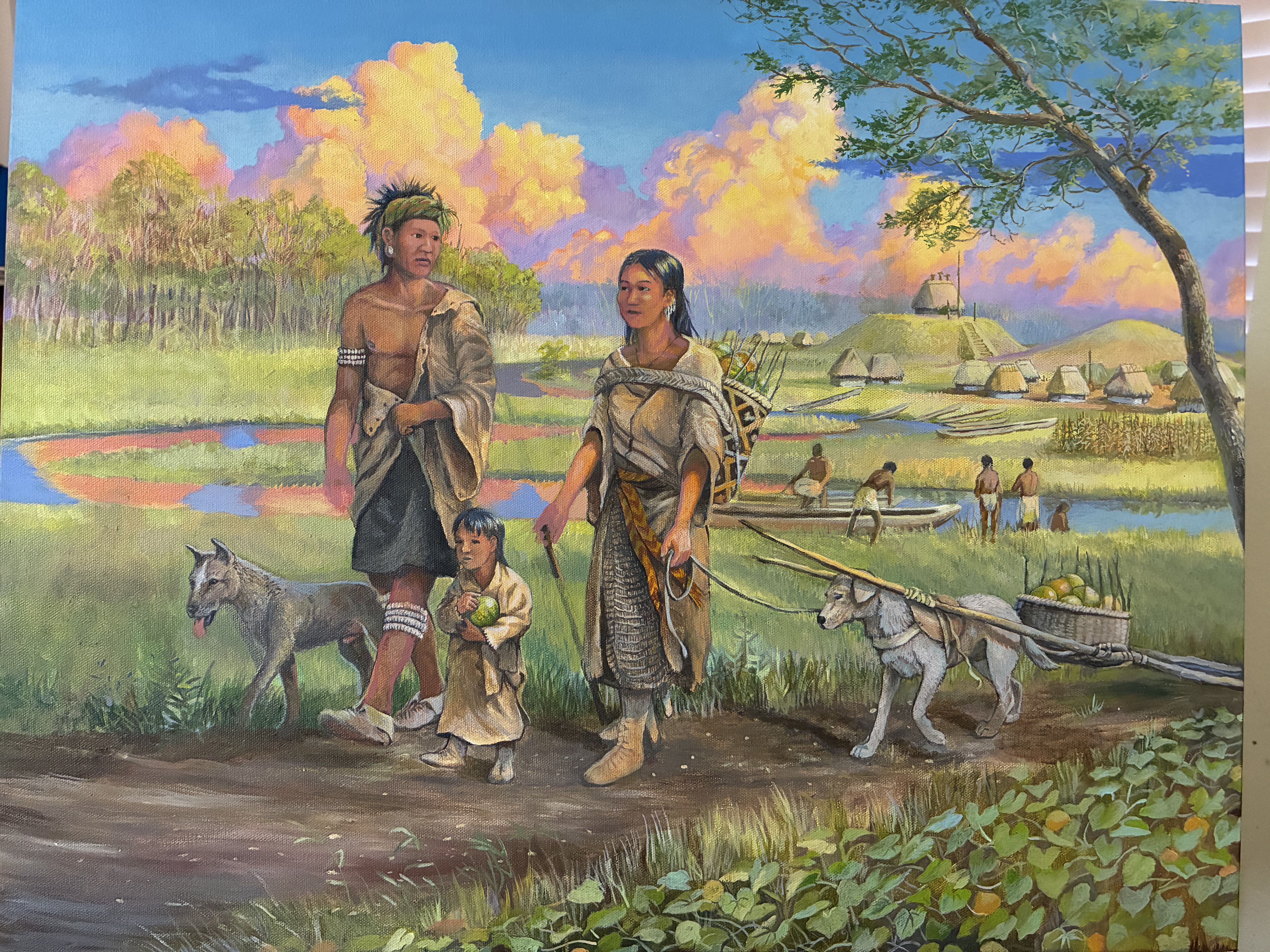 Mississippian town with mounds, fields and canoes