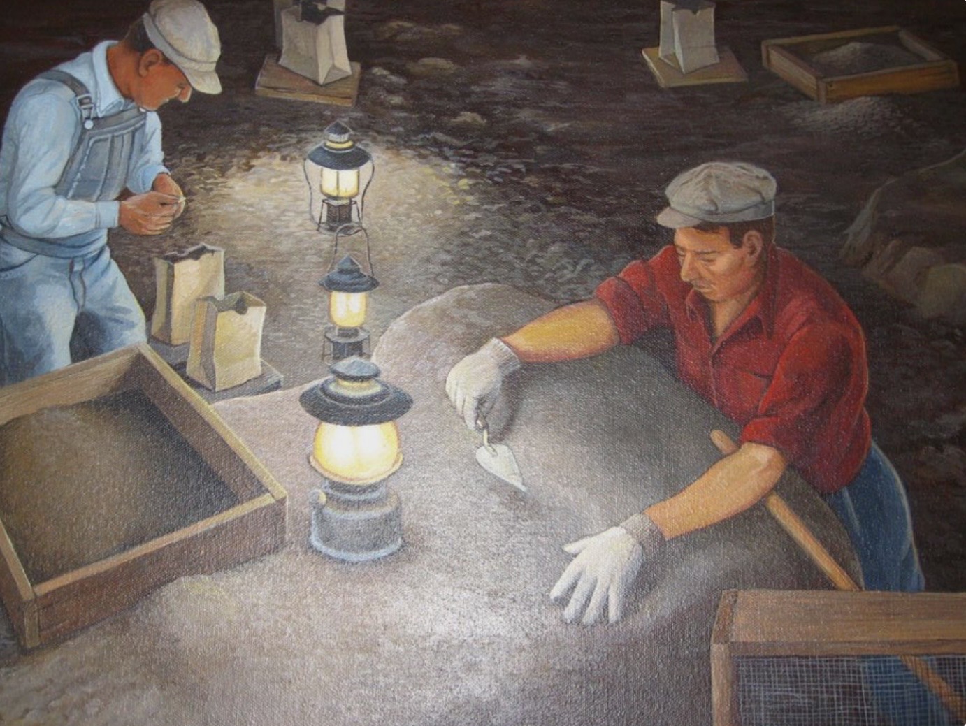 Illustration of an archaeological excavation of a site in Russell Cave National Monument, Alabama